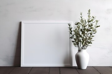 Mockup of blank picture and vase with plant branch on white wall background