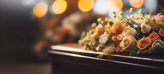 A coffin decorated with many flowers in a church. Ceremony. Funeral services. Generative AI - obrazy, fototapety, plakaty