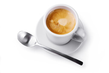 Cup of espresso coffee isolated on white background, closeup.