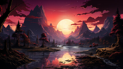 Retrowave Dark Sky Landscape Illustration with Color Gradient