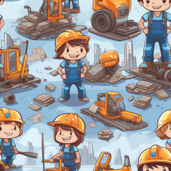 Kids engineers cartoon children workers construction repeat pattern