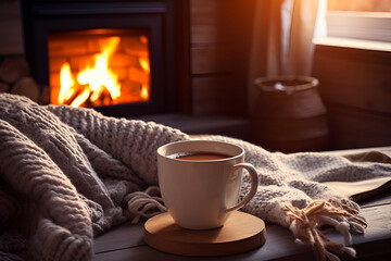 Cup with hot drink on plaid against fireplace