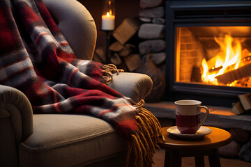 A mug of hot drink stands on a chair with a wool blanket in a cozy living room with a fireplace. A cozy winter day. The concept of winter and Christmas time