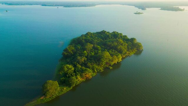 Aerial view of a beautiful island with trees and birds isolated in the midst of a large rural lake area.