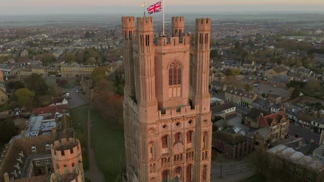Aerial close up panorama Cathedral of Ely city in Cambridgeshire, England, UK. Famous travel destination and anglican churches .Traditional countryside house architecture