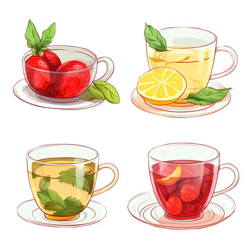 A set of glass cup of hot aromatic tea, green tea, herbal tea, lemon tea with masala and lemon isolated on transparent background, food concept, png file,