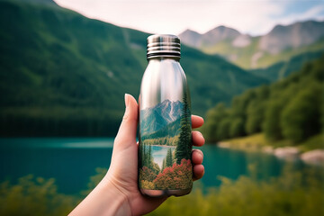 Hand holding a reusable thermo water bottle with nature in the background generative ai