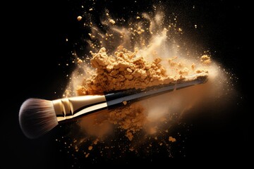 powerful explosion of golden dust large soft makeup brush - obrazy, fototapety, plakaty
