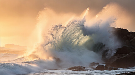 Ocean waves at high tide, capturing water texture and foam, mist in the air, dawn lighting