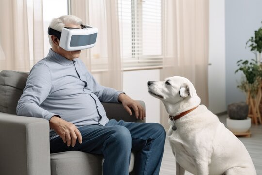 Mature man with VR goggles and dog