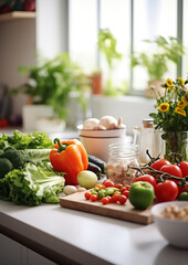 table with vegetables and fruits, generative ai