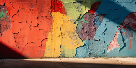 Textured concrete wall, graffiti art, vibrant colors, chipped paint revealing layers, sunlight casting hard shadows