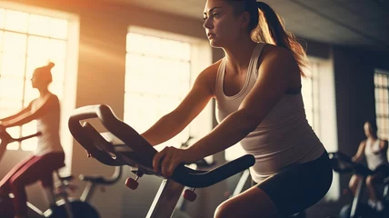 Foto op Canvas Overweight woman working out on a stationary bicycle © JKLoma