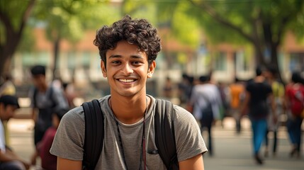 Indian student ready to go to class, back to the university concept. Handsome man smiling to camera - obrazy, fototapety, plakaty