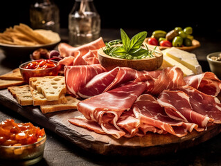 Food aperitif Italian prosciutto ham parma ham salami, generative ai