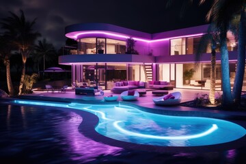 A luxurious modern mansion, bathed in purple and blue lights, surrounded by a tropical paradise. - Powered by Adobe