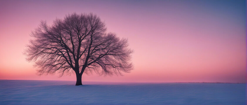 Winter wallpaper. A tree standing alone on a snowy field against a pink frosty sunset sky. Beautiful winter nature scene.	