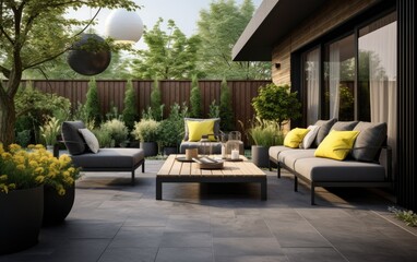 Obraz premium Modern house patio area with flowers, in the style of japanese minimalism. Generative AI