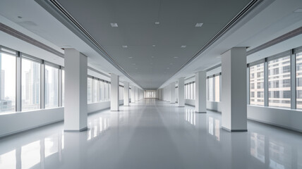 Obraz premium Empty office, Modern corporate open office in minimalist modern design in whites and greys.