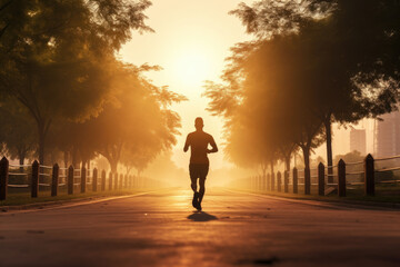A person jogging in a park during a beautiful sunrise.