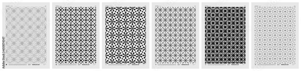 Poster abstract vector minimalistic posters with geometric pattern, black and white rhythmic repeating text