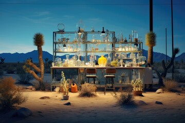 A nighttime desert laboratory setup with various equipment, lit with a warm glow.