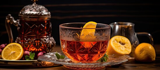Traditional Turkish tea is presented in a unique glass - obrazy, fototapety, plakaty