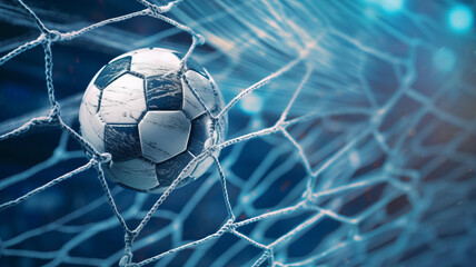 soccer ball in goal net with soft blue background. - obrazy, fototapety, plakaty