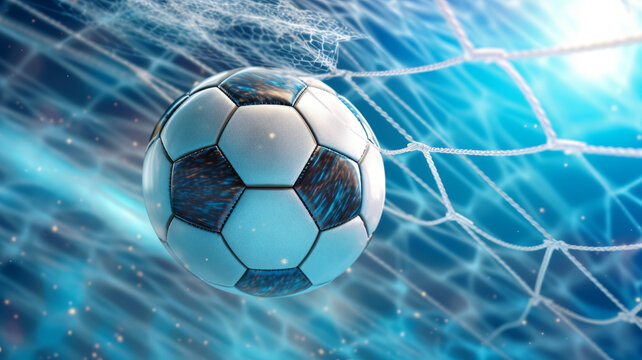soccer ball in goal net with soft blue background.