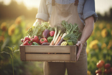 A farmer proudly displays a box of freshly harvested vegetables from his sustainable and environmentally friendly garden, the benefits of fresh and seasonal food. Vegan and vegetarian food,harvest  - obrazy, fototapety, plakaty