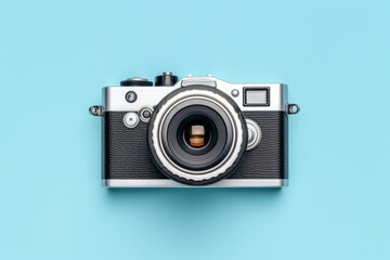 World Photography Day camera on blue background top view