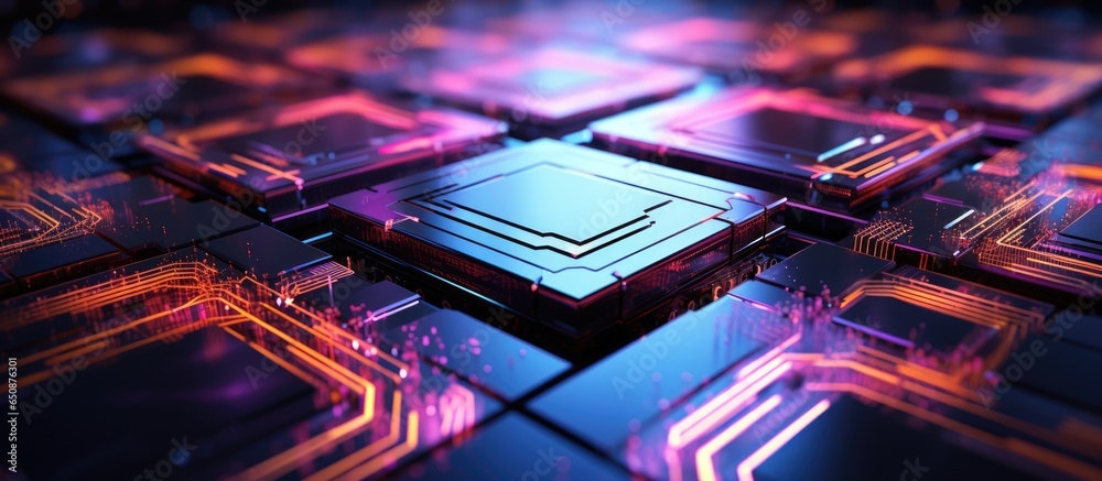 Poster a futuristic holographic circuitry cpu with colorful digitalization process data computational power