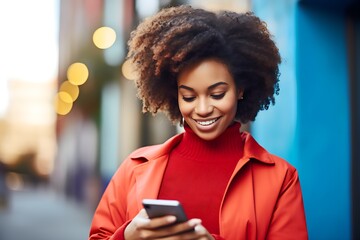 Happy Young Woman Typing on Smartphone, Shopping Online, and Using Trendy Apps, Blue Background, Typing Message  - obrazy, fototapety, plakaty