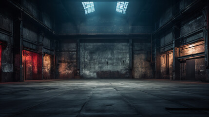 Evoking an Ambiance of Empty Warehouse with Dramatic Lighting. ai generative - obrazy, fototapety, plakaty