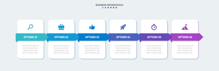Timeline infographic with infochart. Modern presentation template with 6 spets for business process. Website template on white background for concept modern design. Horizontal layout.