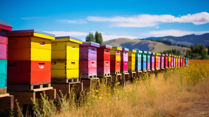 Colorful Bee hives that are arranged in a line on the farm - obrazy, fototapety, plakaty