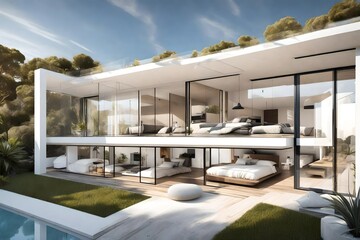 modern villa with open plan living and private bedroom wing with small terrace for relaxation, Generative AI - obrazy, fototapety, plakaty