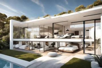 Fotobehang modern villa with open plan living and private bedroom wing with small terrace for relaxation, Generative AI © Haseeb