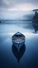 empty boat floats on the lake, 9:16 format - obrazy, fototapety, plakaty