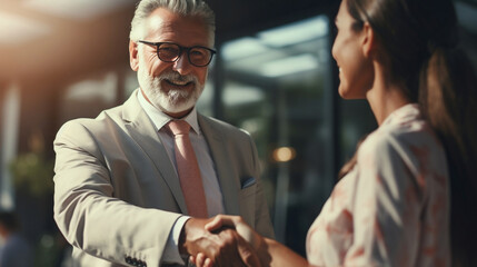two businessmen shaking hands, young woman and senior businessman doing agreement