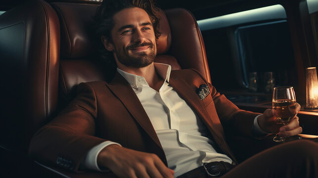 Portrait of successful male drinking whiskey while taking a first class flight for work, concepts about business and mobility