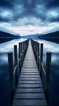 wooden jetty at lake, Tranquil Symmetry, 9:16 format