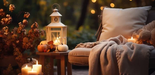 Zelfklevend Fotobehang Autumn terrace with couch and candles in the fall garden © Lazylizard