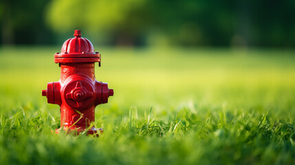 Bright red isolated fire hydrant sits in a freshly cut grass field.ai generative - obrazy, fototapety, plakaty