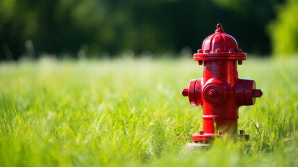 Bright red isolated fire hydrant sits in a freshly cut grass field.ai generative