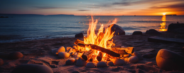 Beachside campfire at sunset outdoor lifestyle. Travel and holiday summer.ai generative