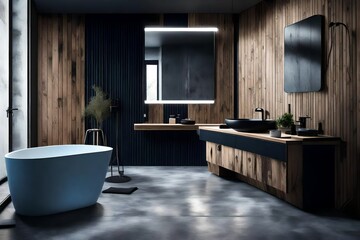 Comfortable bathtub and vanity with basin standing in modern bathroom black blue and wooden walls and concrete floor.Side view