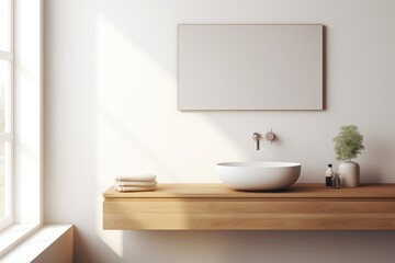 Fototapeta na wymiar Modern bathroom design interior with wooden countertop