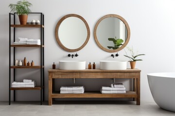 Modern bathroom design interior with wooden countertop
