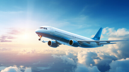Naklejka na ściany i meble Airplane flying in the air with blue sky background